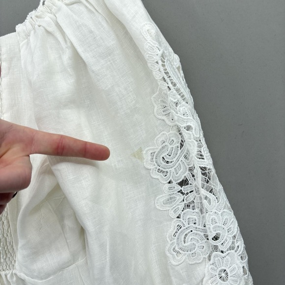 Farm Rio Dress Large White Mini Puff Sleeve Embroidered Linen Cottagecore Boho - Picture 16 of 16